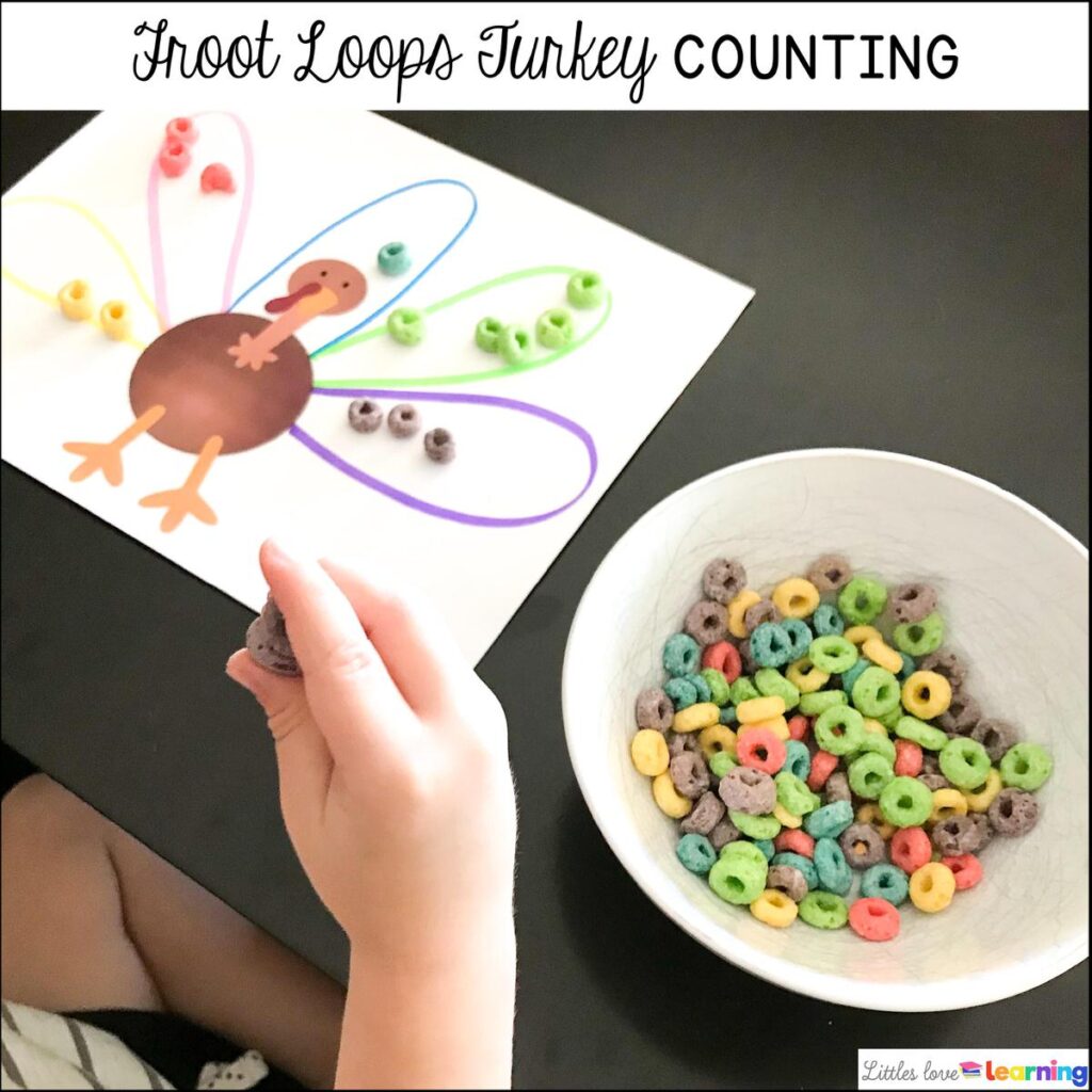 Kindergarten, Pre-K, and Preschool Thanksgiving Froot Loops Turkey Counting Game