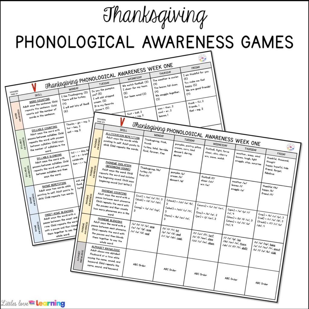 Kindergarten, Pre-K, and Preschool Thanksgiving Phonological Awareness Games