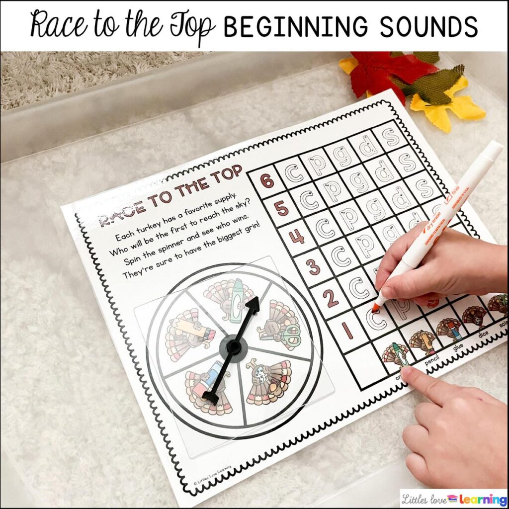 Kindergarten, Pre-K, and Preschool Thanksgiving Race to the Top Beginning Sounds Game