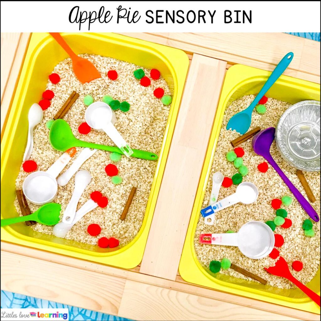 Apple pie sensory bin for preschool, pre-k, and kindergarten 
