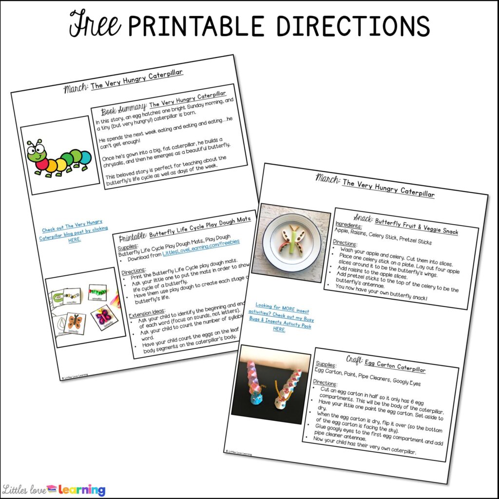 Free Printable directions for all story of the month activities for preschool, pre-k, and kindergarten 