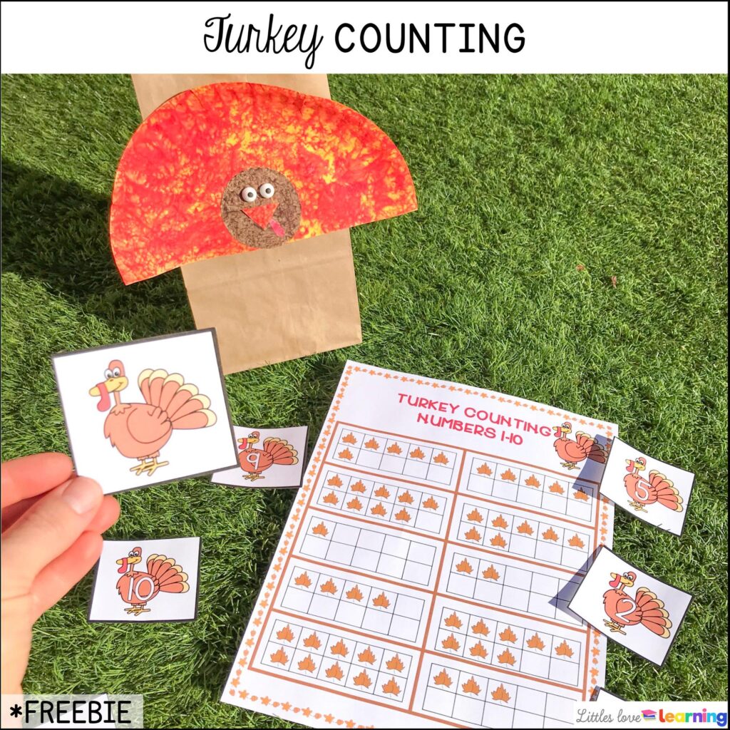 Free Turkey Counting printable inspired by the book 10 Fat Turkeys for preschool, pre-k, and kindergarten