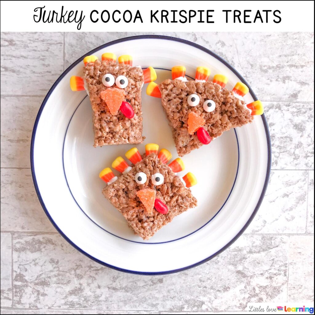 Turkey Cocoa Krispie Treats inspired by the book 10 Fat Turkeys for preschool, pre-k, and kindergarten 