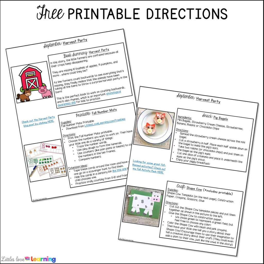 Free printable directions fort Harvest Party book activities for preschool, pre-k, and kindergarten plus 11 other books as part of the Story of the Month 