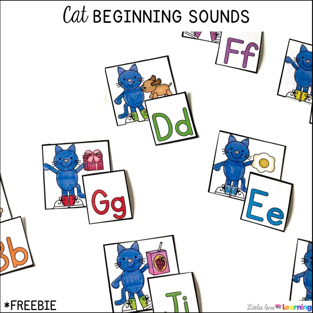 FREE beginning sounds printable for Pete the Cat for preschool, pre-k, and kindergarten 