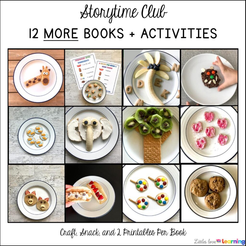 Storytime Club activity pack includes 12 book suggestions, a craft, a snack, and 2 printable learning activities per book